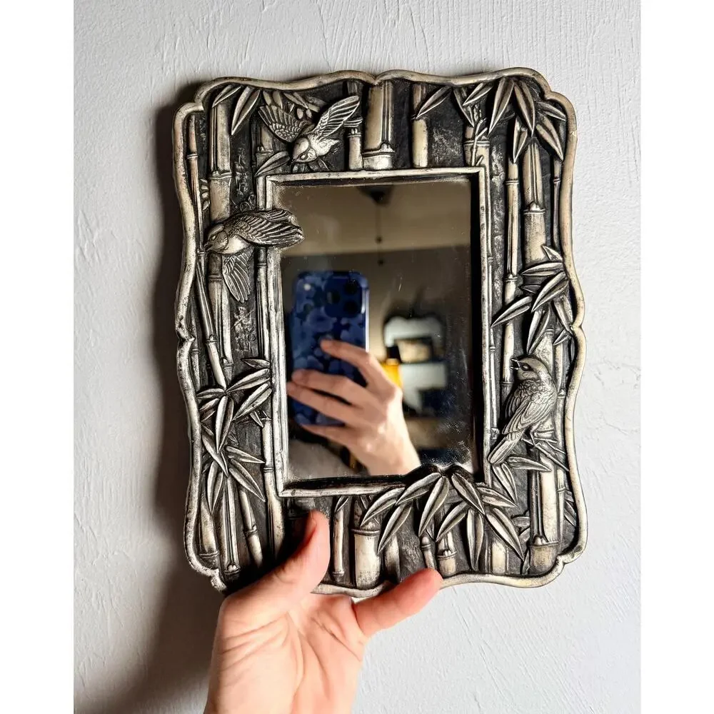 Vintage Chinoiserie Bamboo Bird Mirror | Silver Tone Hollywood Regency